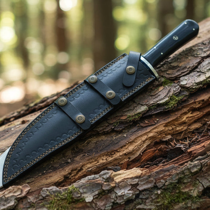 Bowie Knife with a black sheath on a wooden