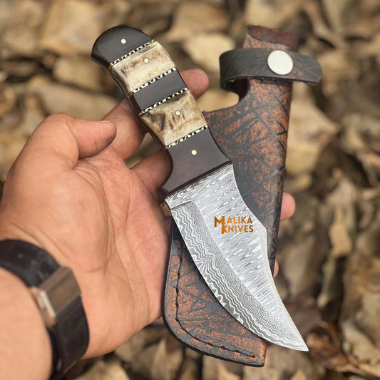 SS Damascus Stag Hunting Bowie Knife with Custom Leather Sheath-0047