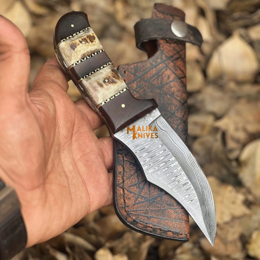 SS Damascus Stag Hunting Bowie Knife with Custom Leather Sheath-0047