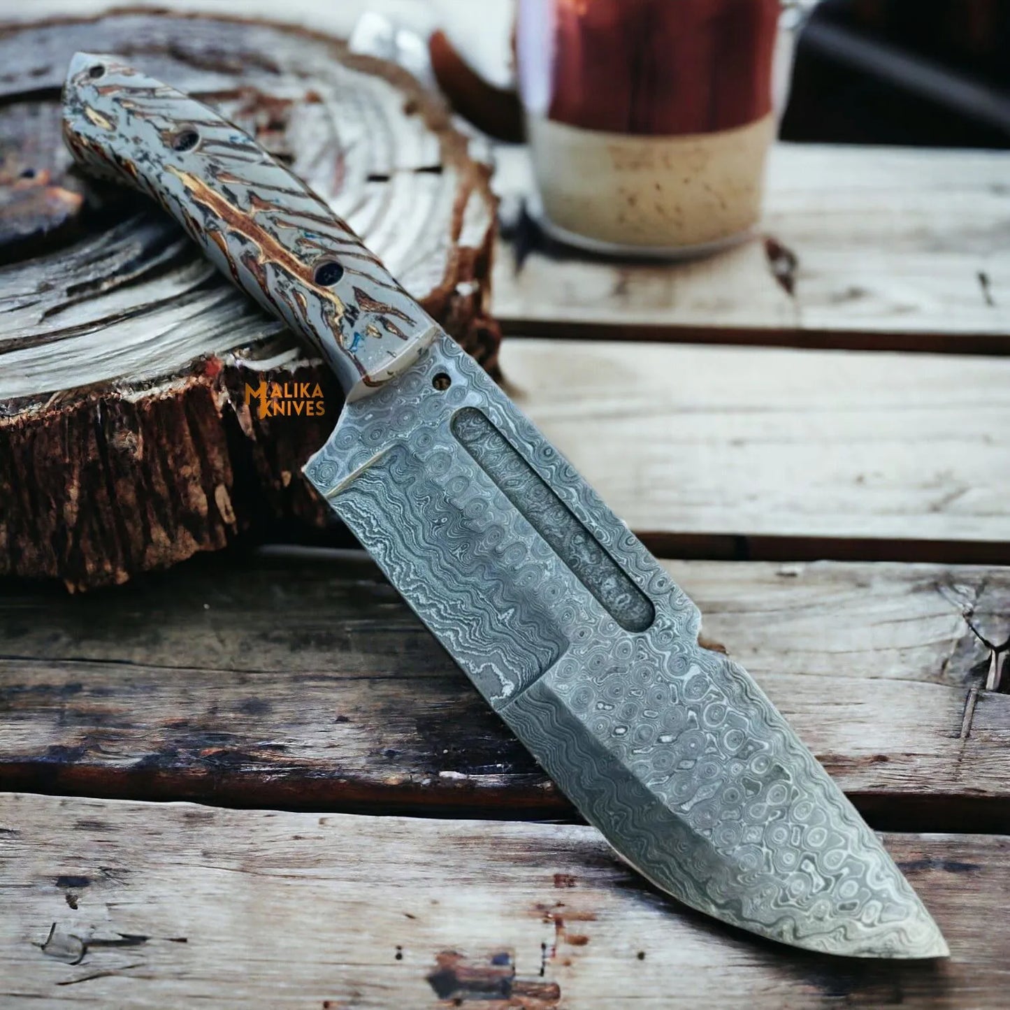 Damascus Steel Hunting & Survival Bushcraft Bowie Knife with Pine-Cone-0042
