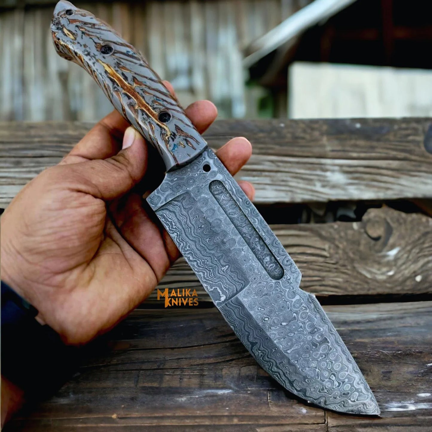 Damascus Steel Hunting & Survival Bushcraft Bowie Knife with Pine-Cone-0042