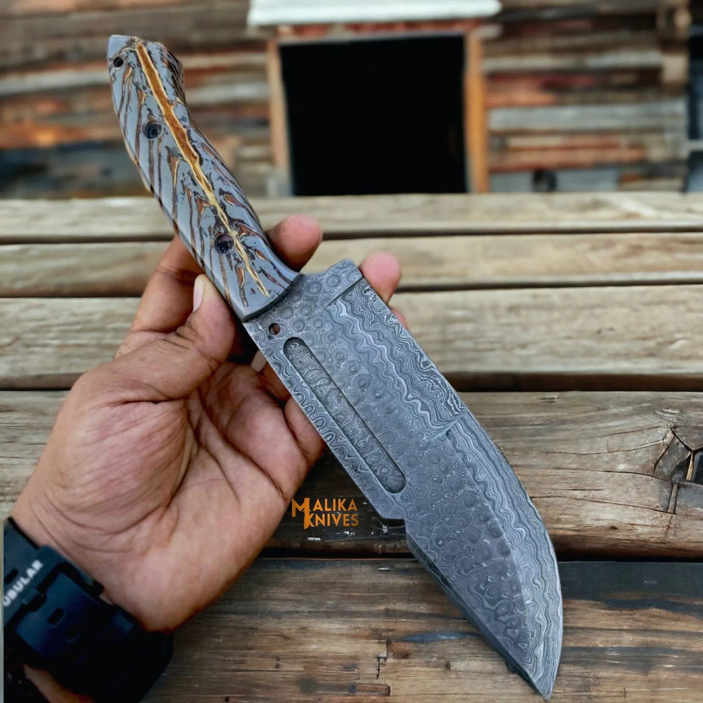 Damascus Steel Hunting & Survival Bushcraft Bowie Knife with Pine-Cone-0042