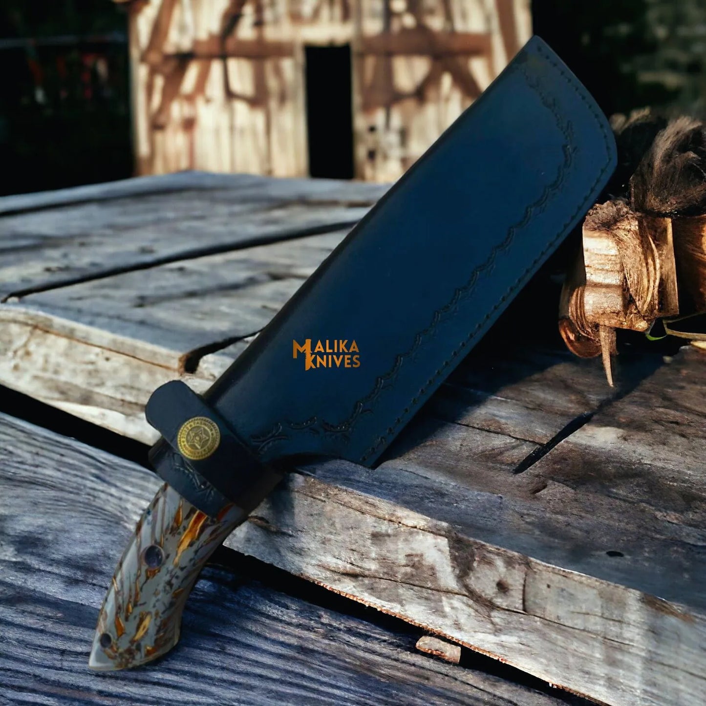 Damascus Steel Hunting & Survival Bushcraft Bowie Knife with Pine-Cone-0042