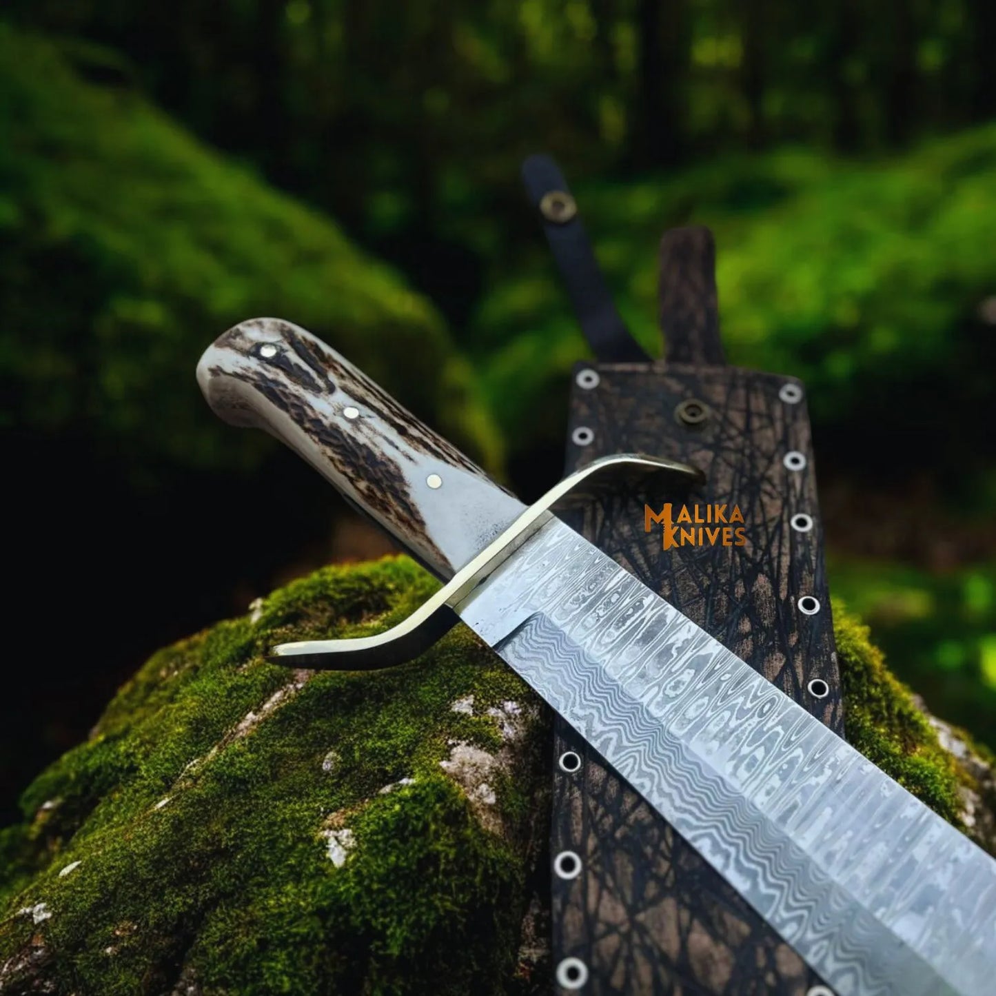 SS Damascus Stag Hunting Bowie Knife with Custom Leather Sheath-0047