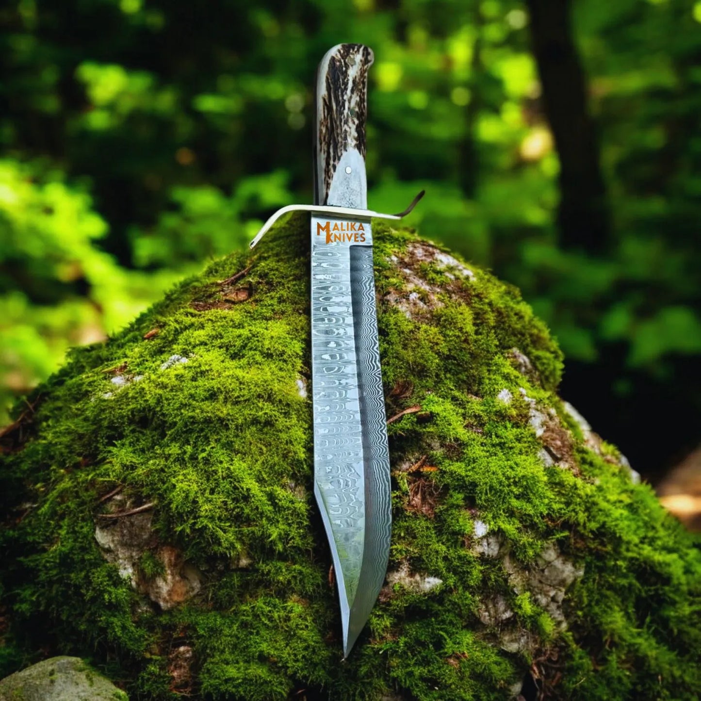 SS Damascus Stag Hunting Bowie Knife with Custom Leather Sheath-0047