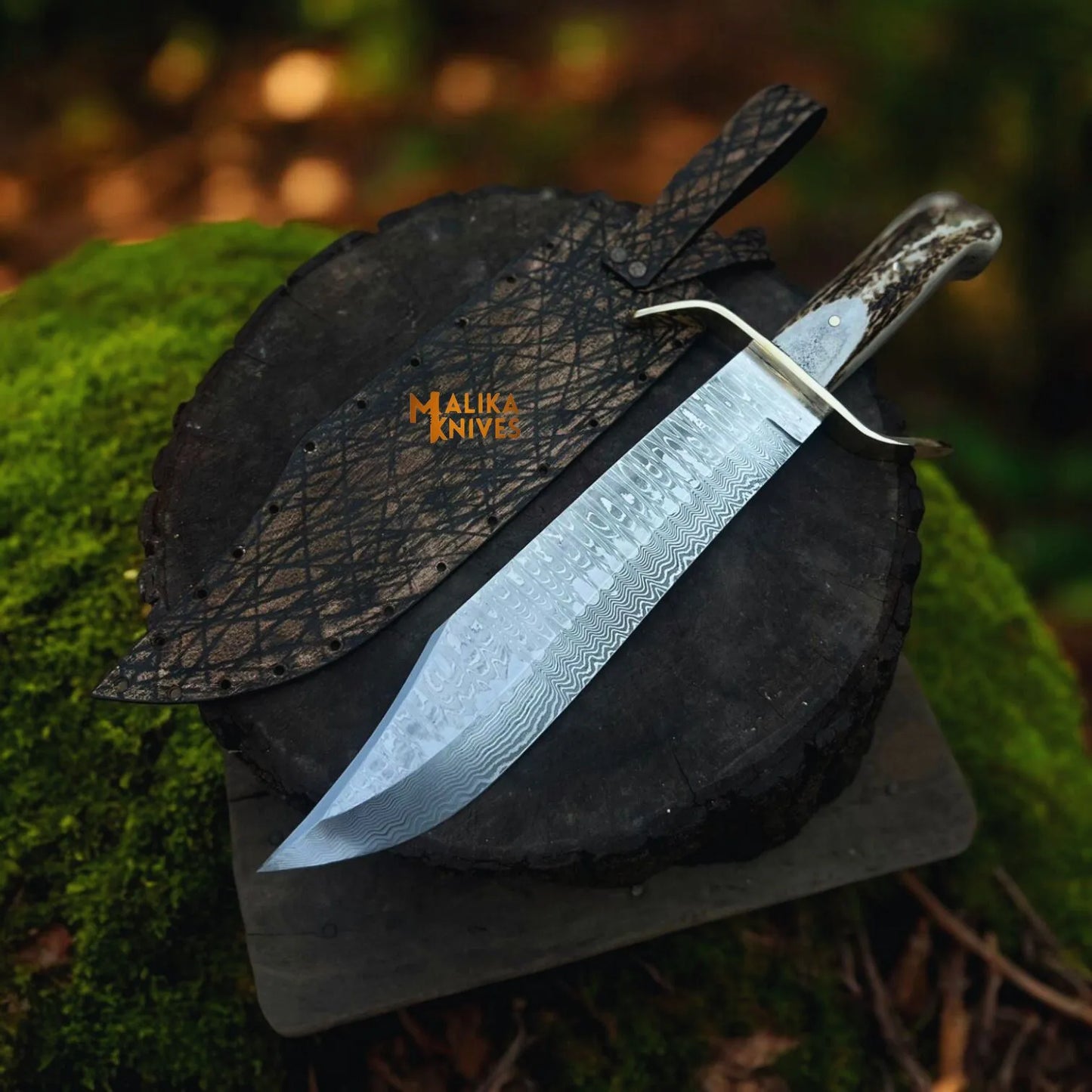SS Damascus Stag Hunting Bowie Knife with Custom Leather Sheath-0047