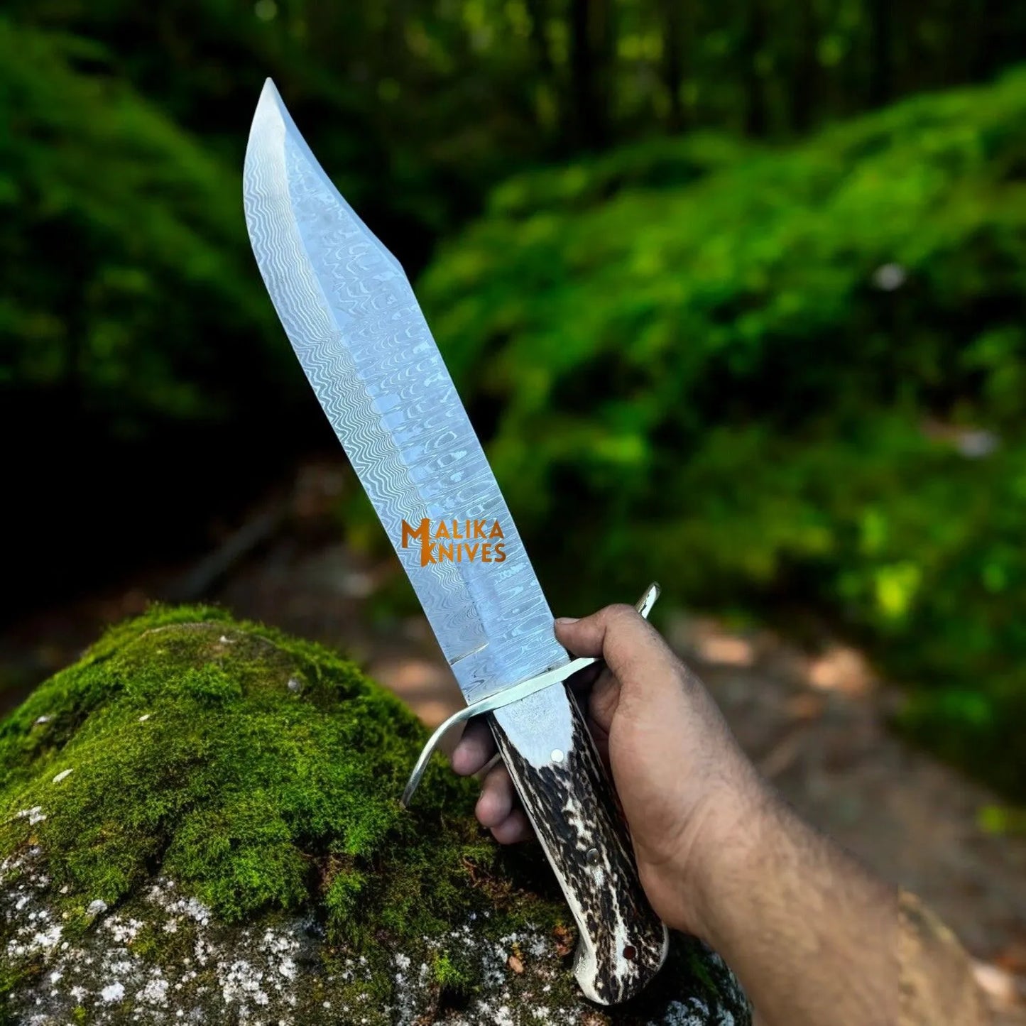 SS Damascus Stag Hunting Bowie Knife with Custom Leather Sheath-0047