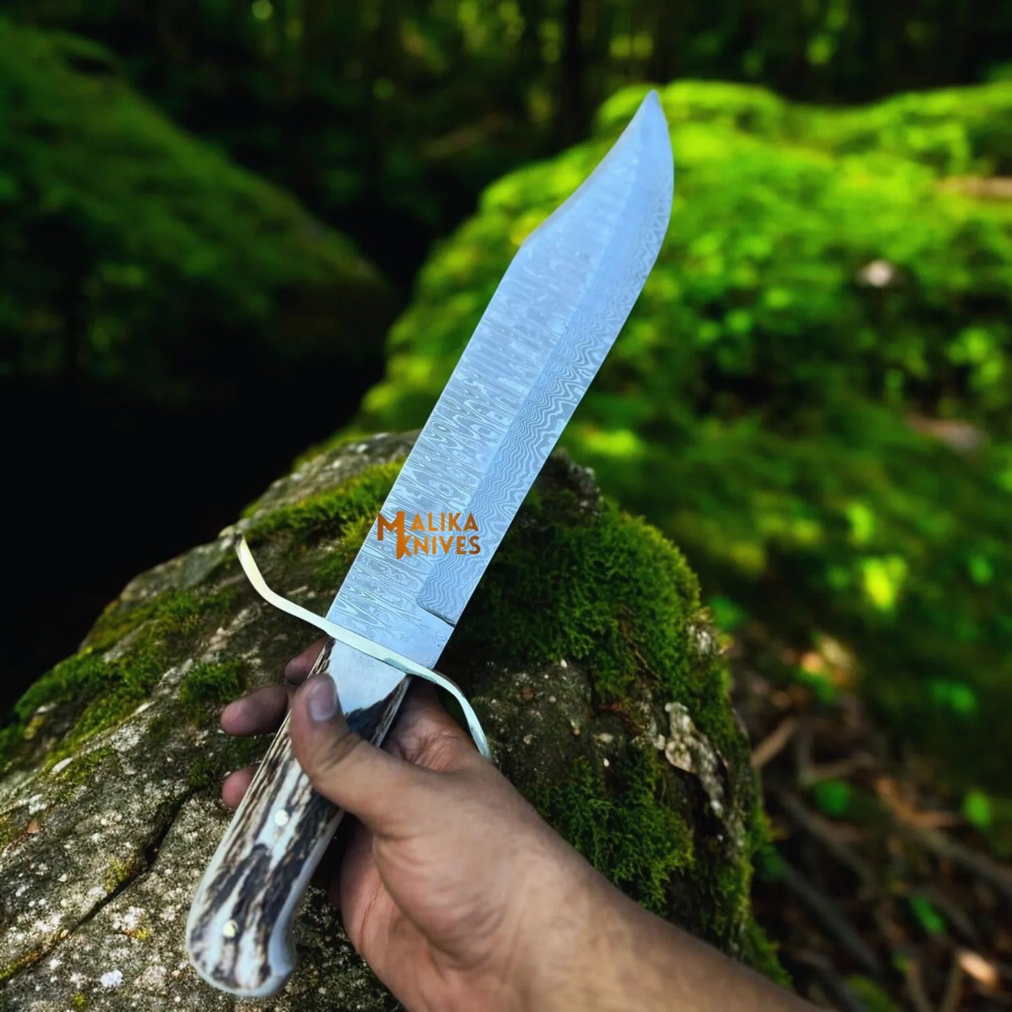 SS Damascus Stag Hunting Bowie Knife with Custom Leather Sheath-0047