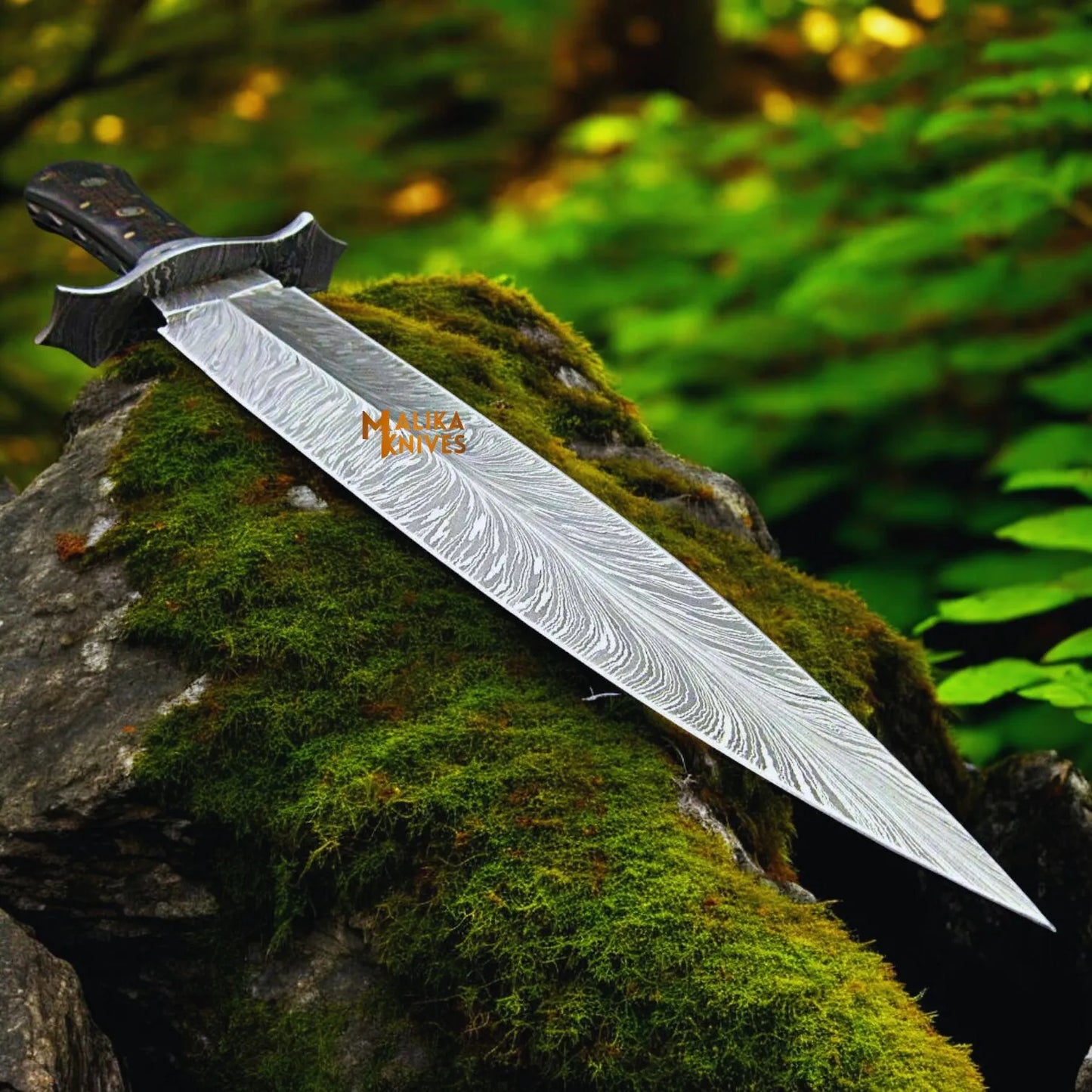 Damascus Feather Bowie Knife with Custom Leather Sheath-0049