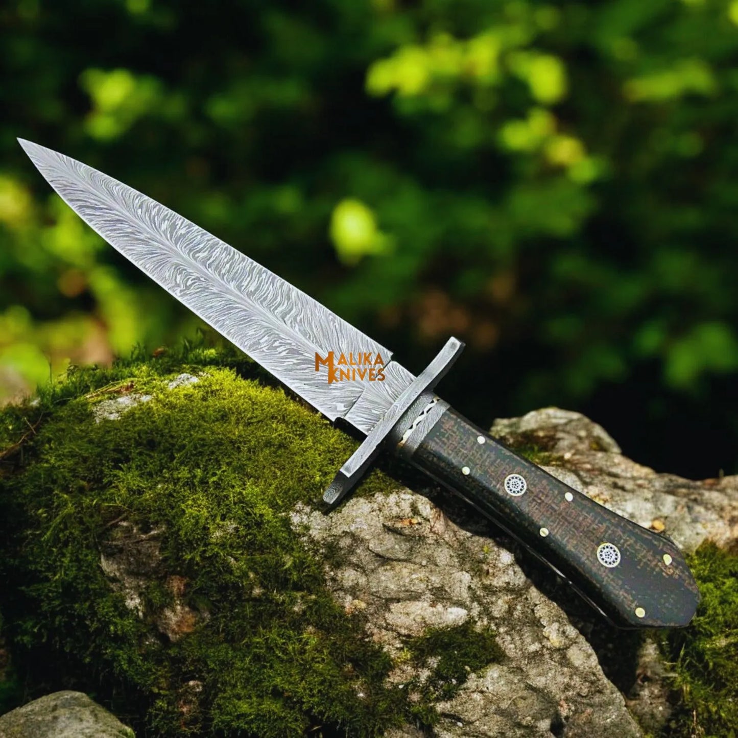 Damascus Feather Bowie Knife with Custom Leather Sheath-0049