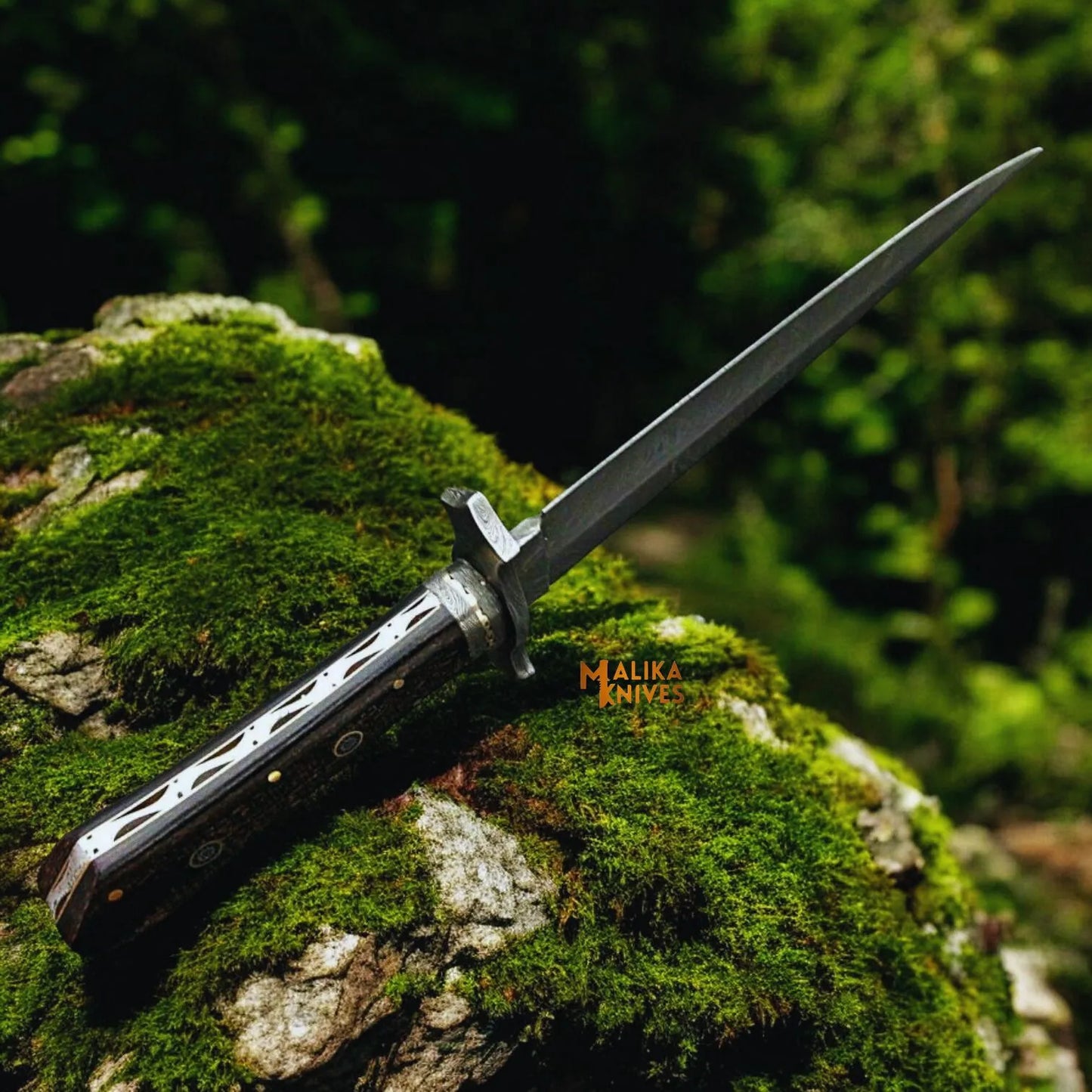 Damascus Feather Bowie Knife with Custom Leather Sheath-0049