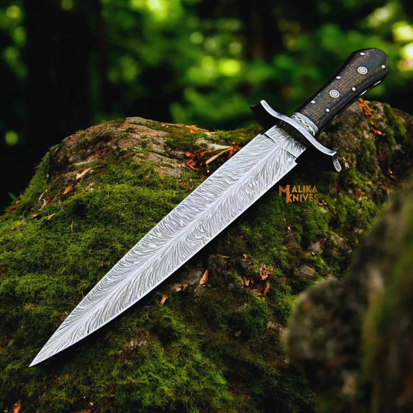 Damascus Feather Bowie Knife with Custom Leather Sheath-0049