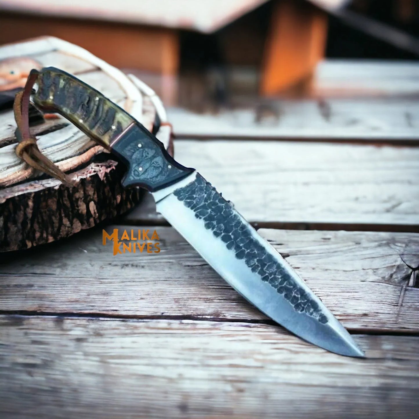 Hand forged D2 Wolf Hunting Knife - with Full Tang Build & Engraved Leather Sheath-0357