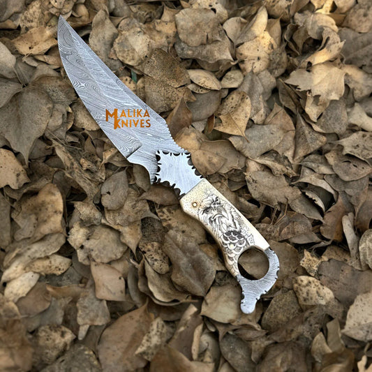 Tough EDC Ride Hard Biker Ringtail Knife – Camel Bone & Eagle, Horizontal Sheath-0360