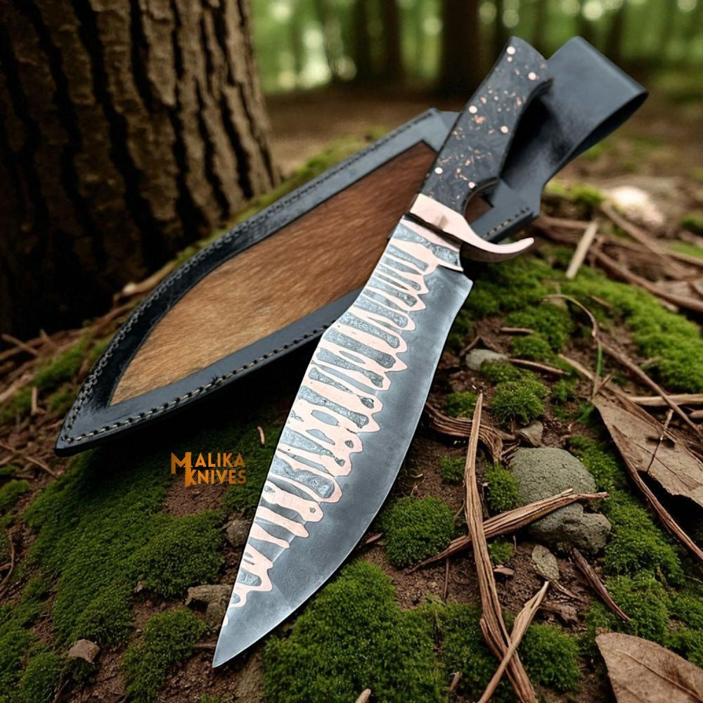 Copper Damascus Bowie Knife | Carbon Fiber & Copper Handle with Leather Sheath