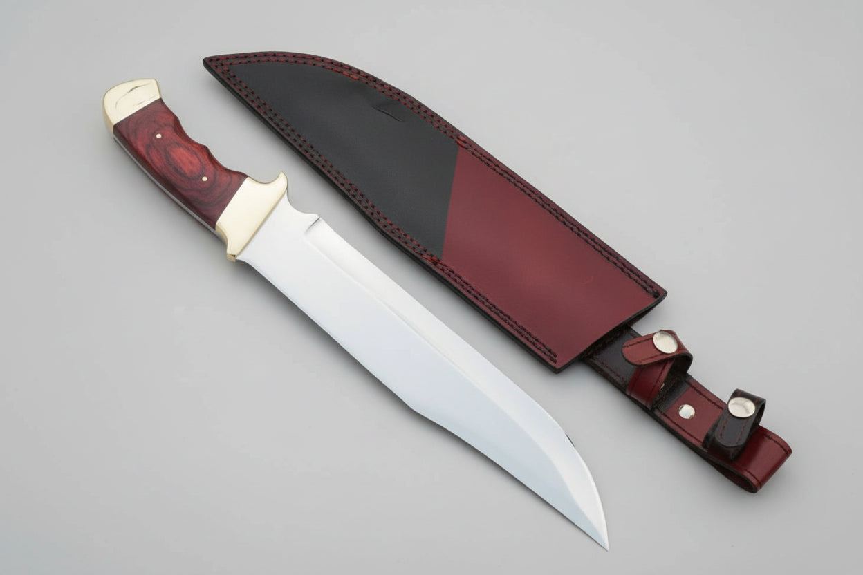 A Full-Tang Texas Bowie Knife with a red Pakka wood handle and a red-black custom leather sheath, displayed on a wooden surface.