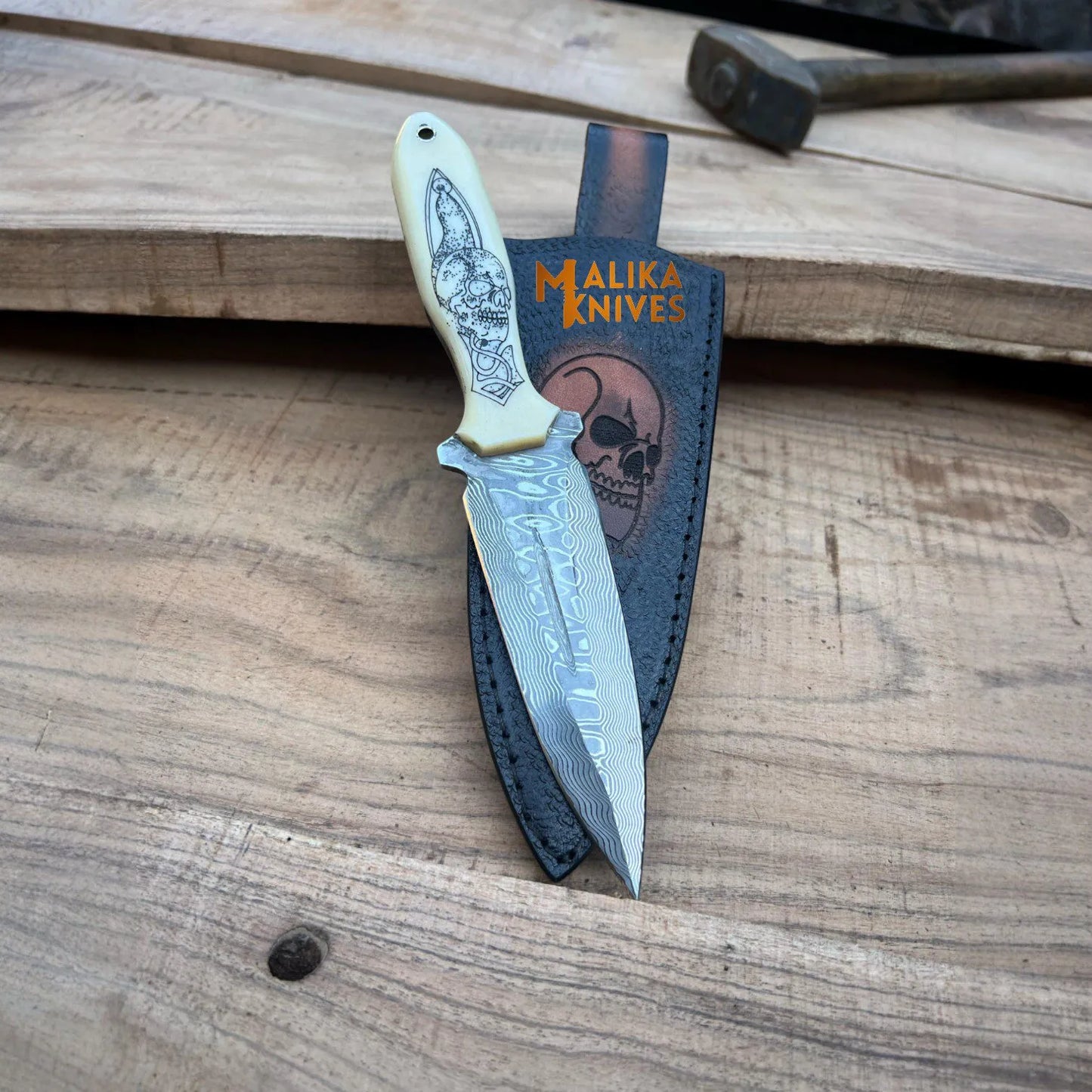Tactical Dagger knife-SS Damascus-Skull Engraved Camel bone Handle -Custom Skull Leather Sheath-1205