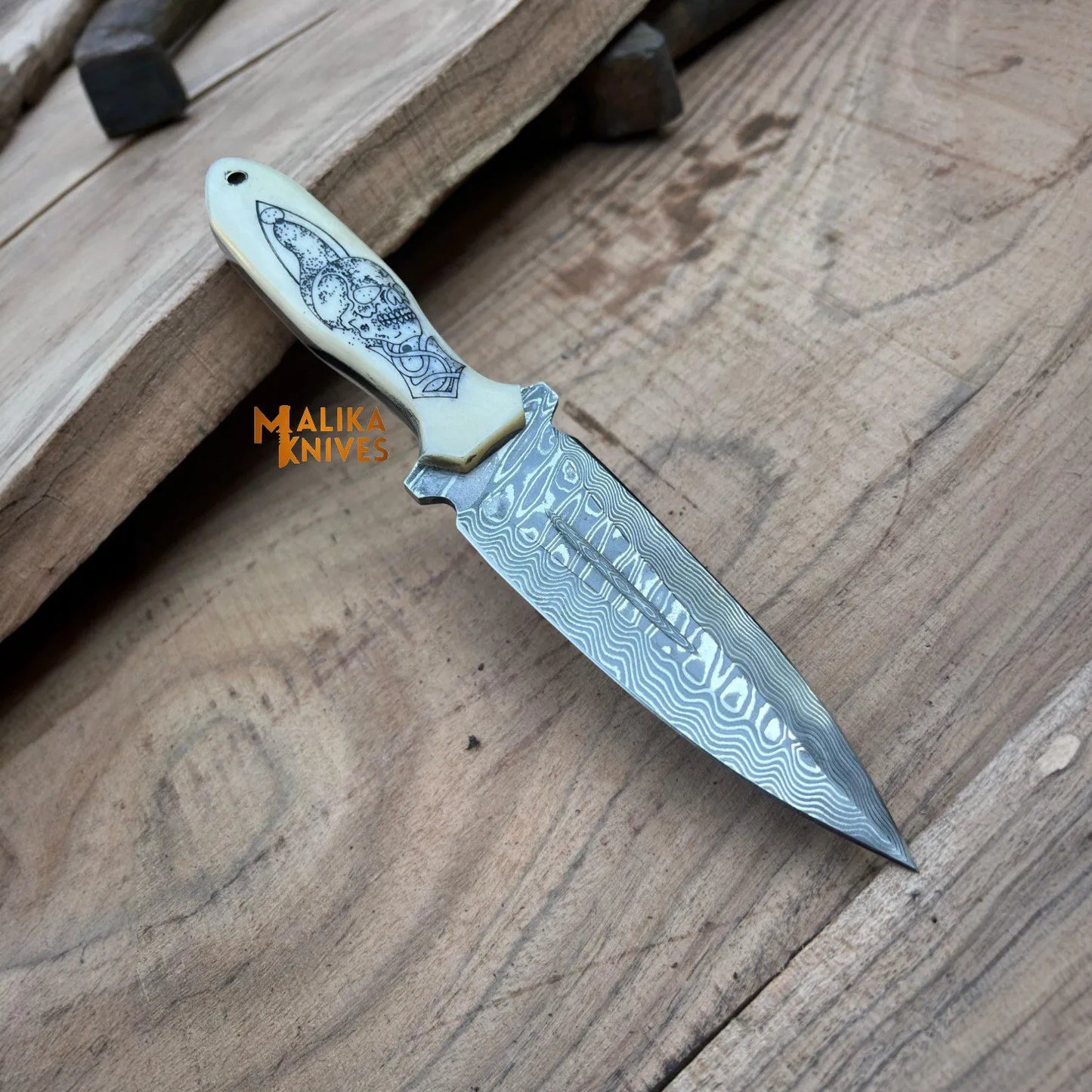 Tactical Dagger knife-SS Damascus-Skull Engraved Camel bone Handle -Custom Skull Leather Sheath-1205