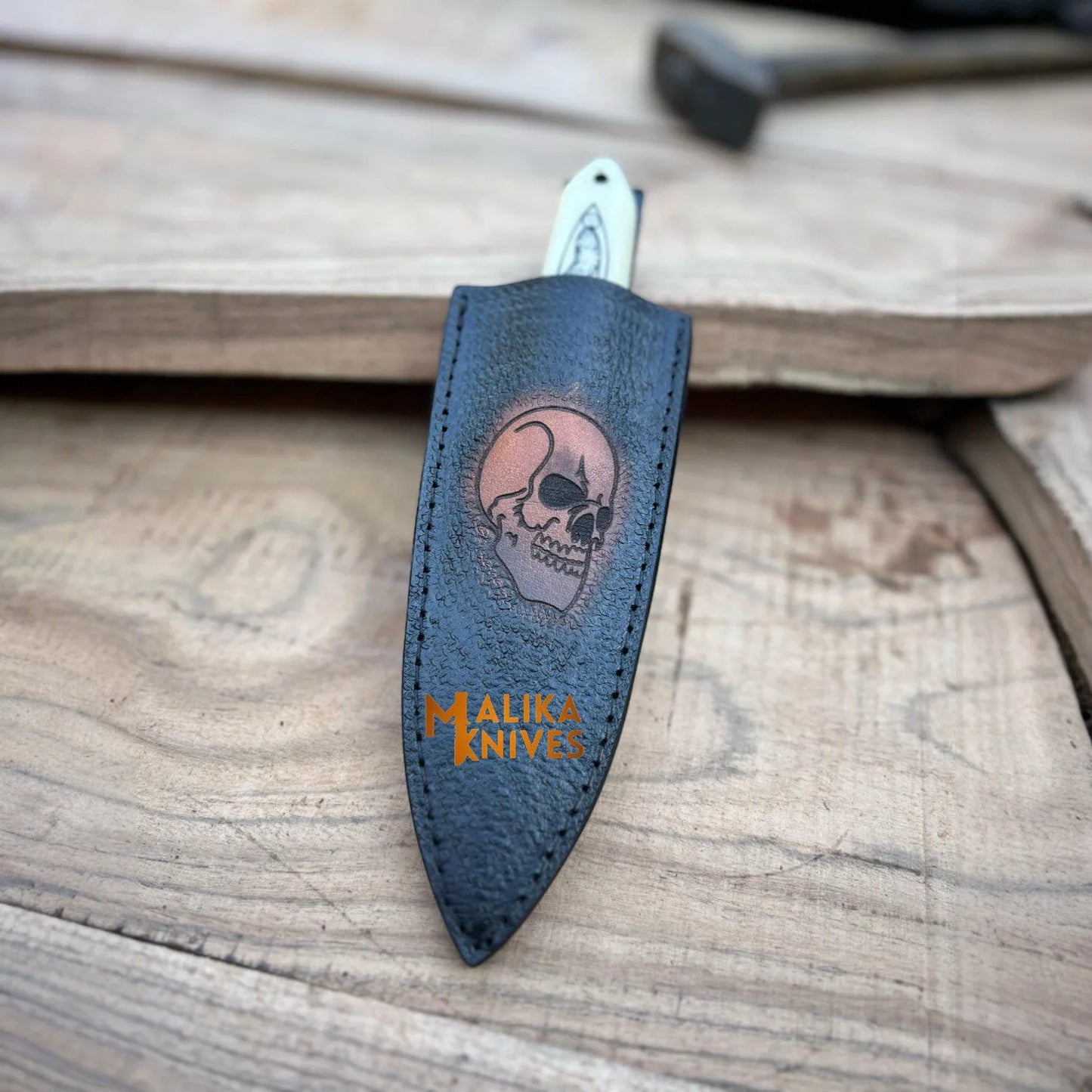 Tactical Dagger knife-SS Damascus-Skull Engraved Camel bone Handle -Custom Skull Leather Sheath-1205