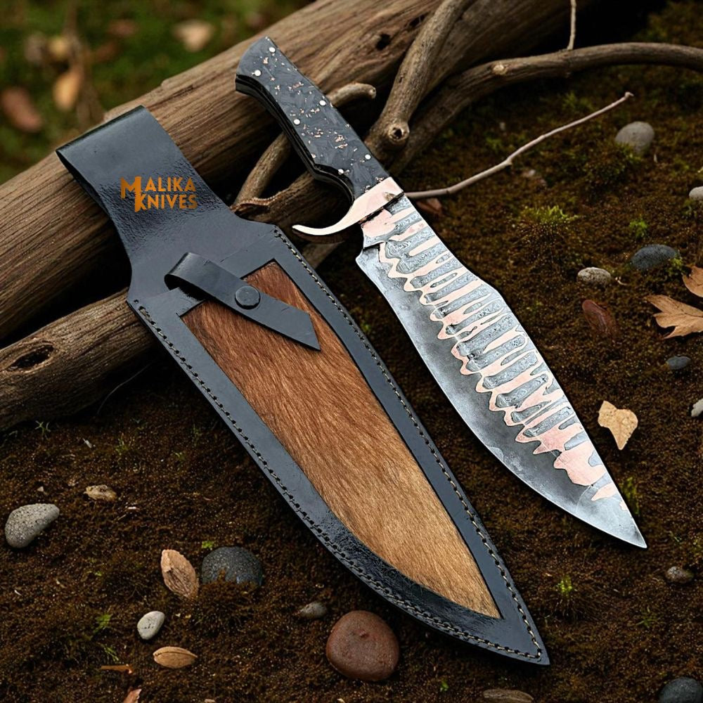Copper Damascus Bowie Knife | Carbon Fiber & Copper Handle with Leather Sheath