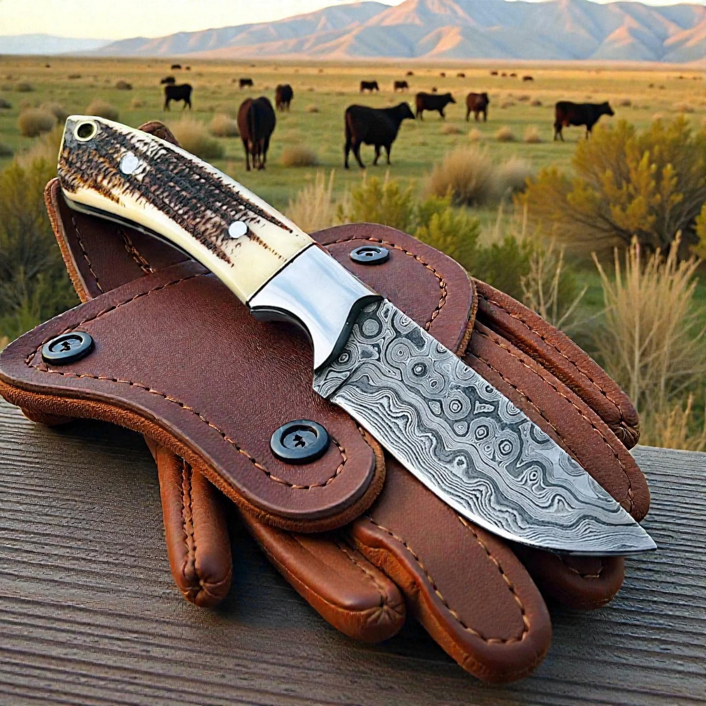Damascus Cowboy Knife | Antler Handle | Pancake Leather Sheath