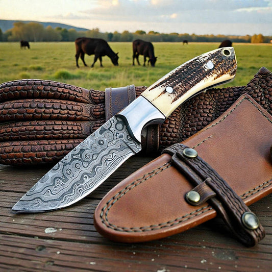 Damascus Cowboy Knife | Antler Handle | Pancake Leather Sheath