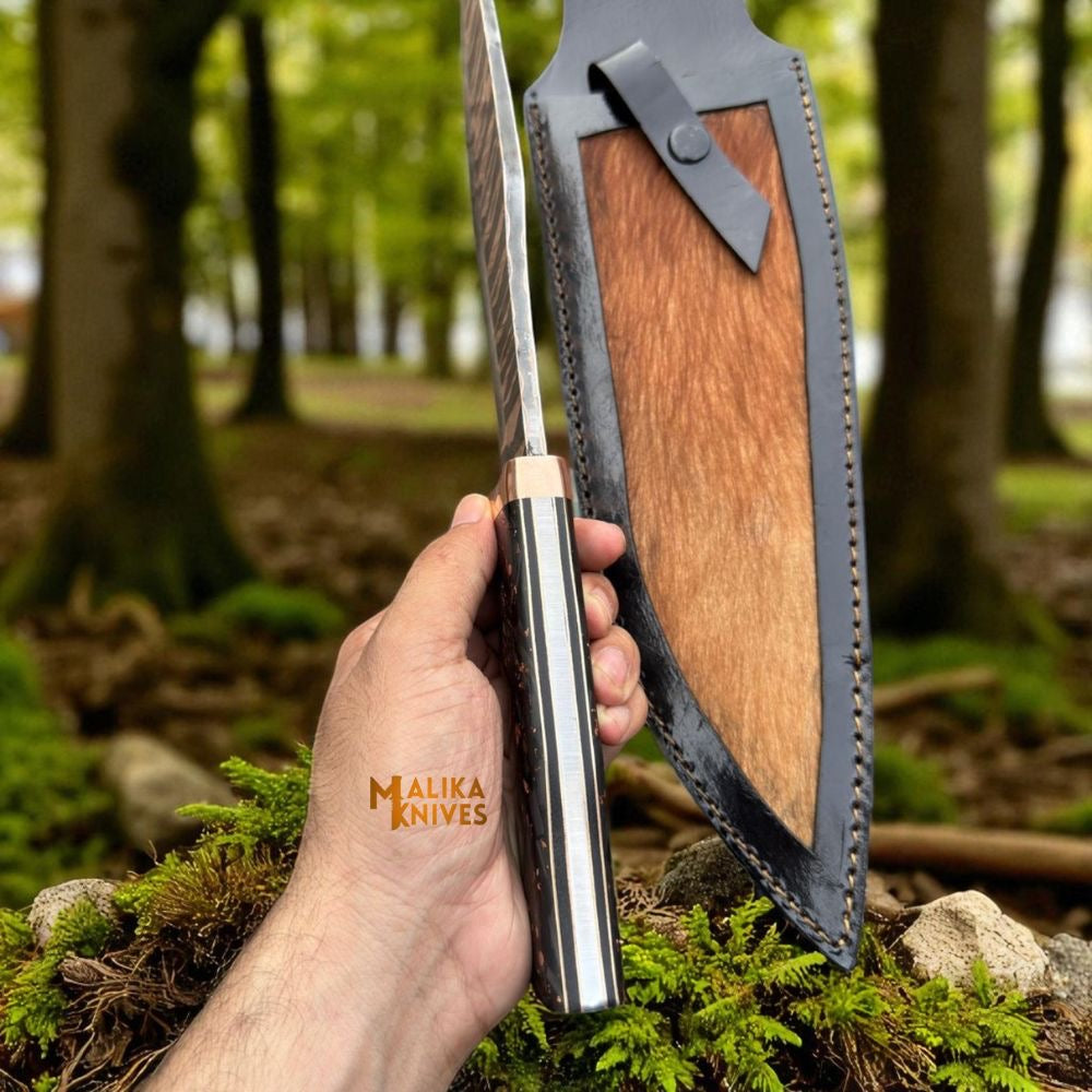 Copper Damascus Bowie Knife | Carbon Fiber & Copper Handle with Leather Sheath