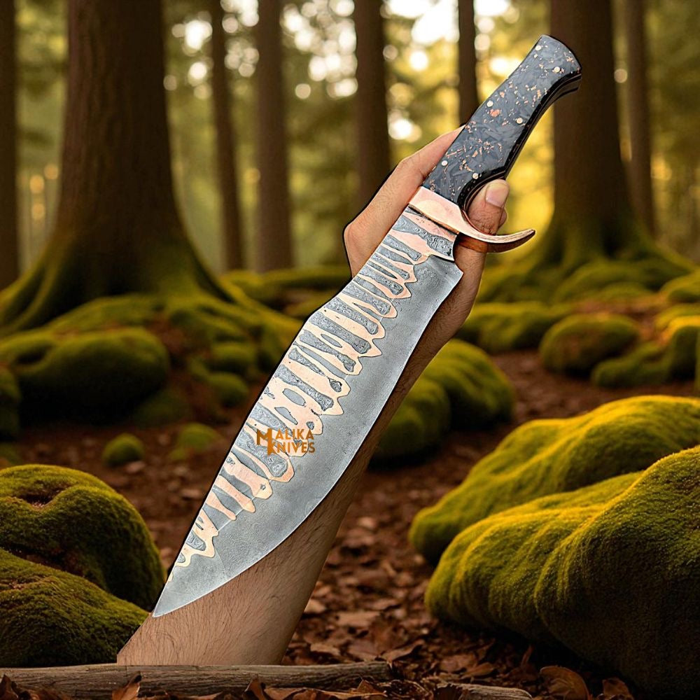 Copper Damascus Bowie Knife | Carbon Fiber & Copper Handle with Leather Sheath