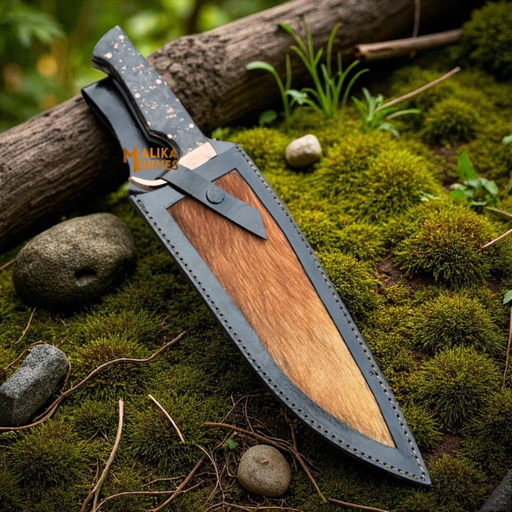 Copper Damascus Bowie Knife | Carbon Fiber & Copper Handle with Leather Sheath