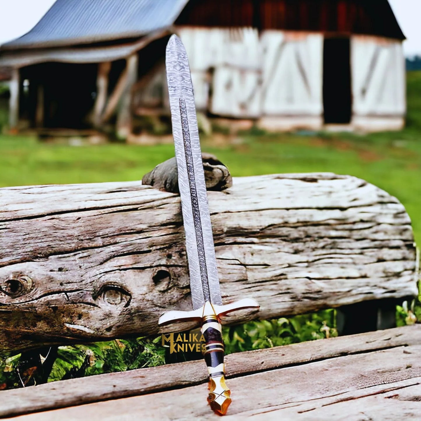 Damascus Battle Medieval sword with Leather sheath-908