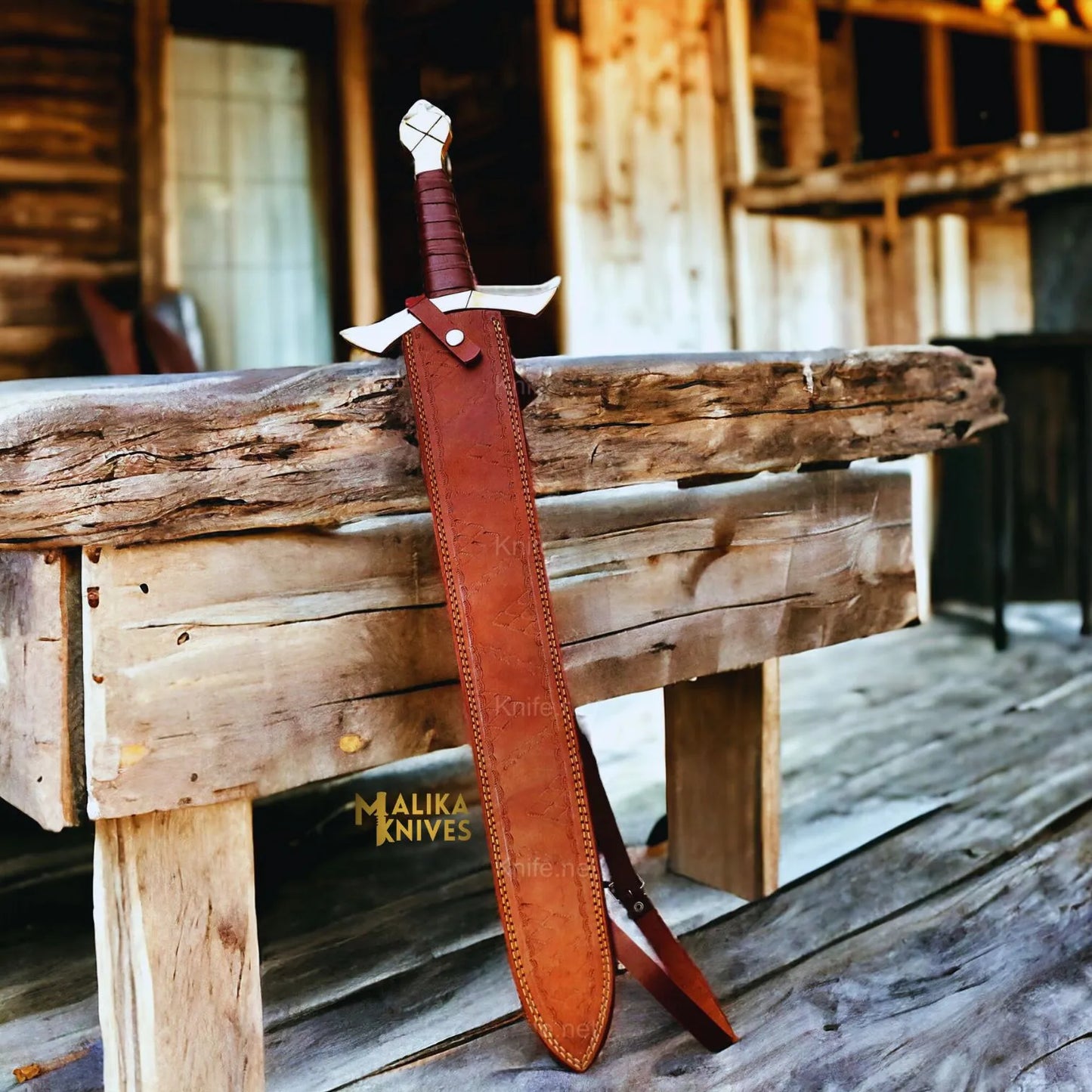 Custom Damascus Crusades sword with Leather sheath-909