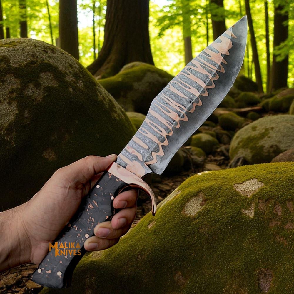 Copper Damascus Bowie Knife | Carbon Fiber & Copper Handle with Leather Sheath