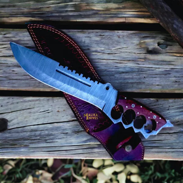 Handmade Damascus Tactical Knuckle Bowie Knife with Full Tang handle-0033