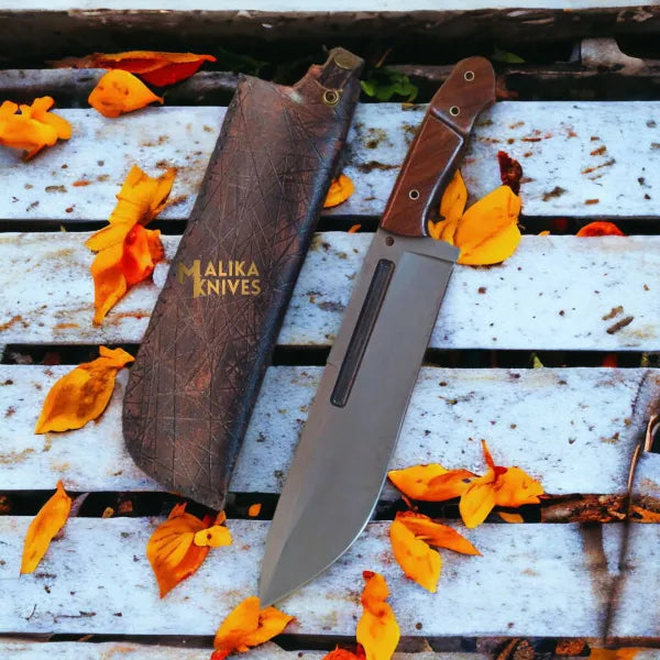 D2 Steel Hunting & Survival Bushcraft Bowie Knife with custom leather sheath-0034