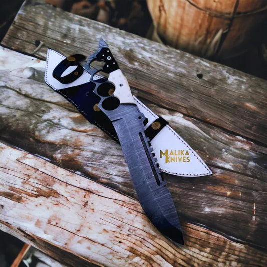 Black White Damascus Knuckle Bowie Knife Resin Handle