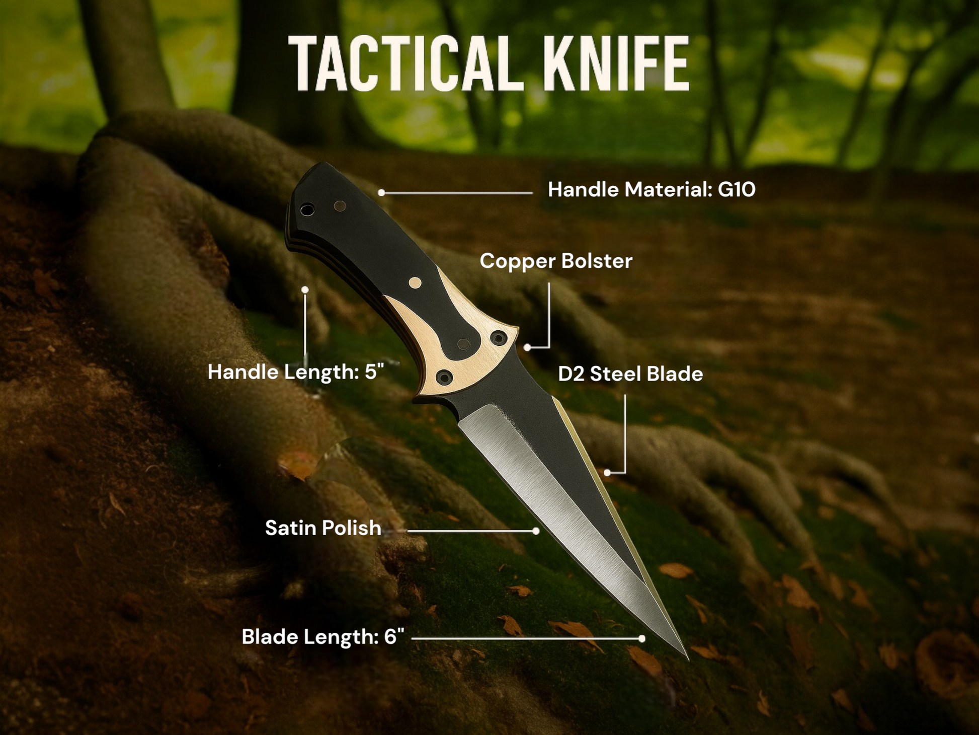 Infographic showing features of full-tang D2 steel hunting knife with G10 handle