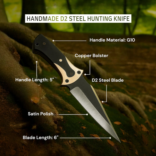 Infographic showing features of full-tang D2 steel hunting knife with G10 handle