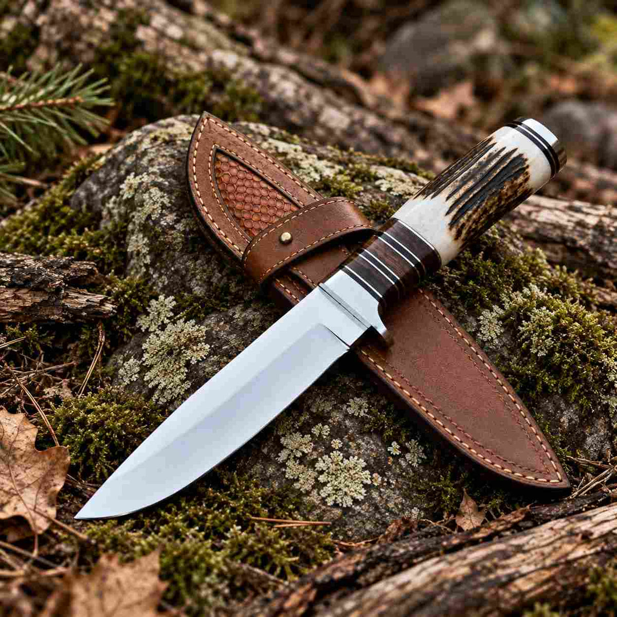 Fixed blade outdoor hunting knife with D2 steel blade and amazing leather sheath