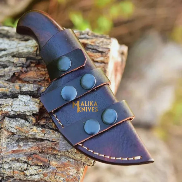 Mini Hollow Grind Hunting Knife: Rose wood Handle & Custom sheath-0347