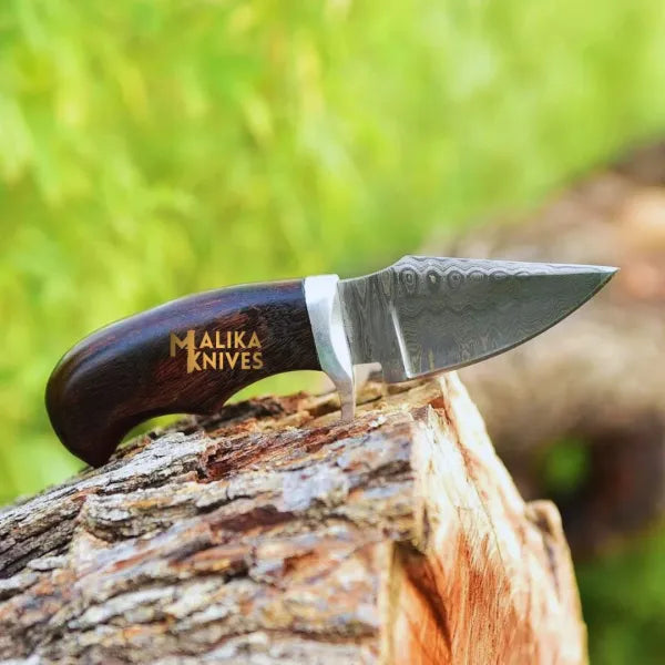 Mini Hollow Grind Hunting Knife: Rose wood Handle & Custom sheath-0347