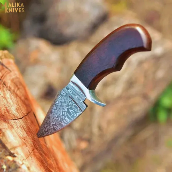 Mini Hollow Grind Hunting Knife: Rose wood Handle & Custom sheath-0347