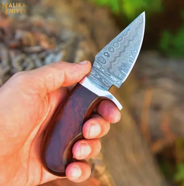 Mini Hollow Grind Hunting Knife: Rose wood Handle & Custom sheath-0347