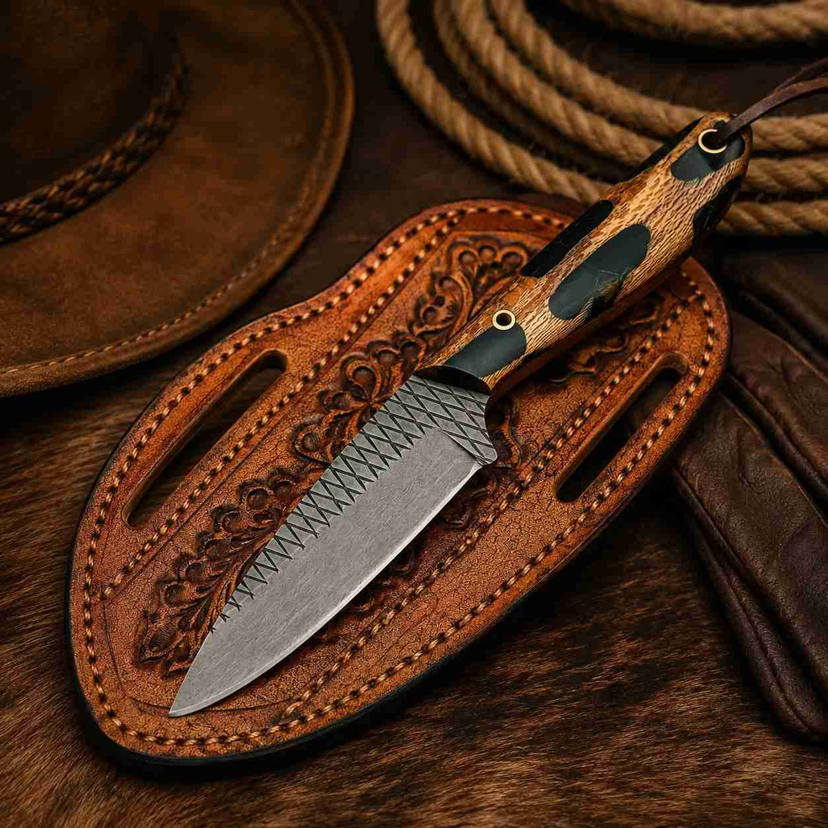 Rasp steel cowboy knife with resin and wood handle and leather sheath