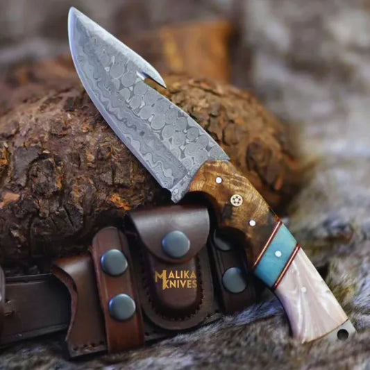 Raindrop Damascus GutHook Hunting Knife | Wood & Resin handle-0344