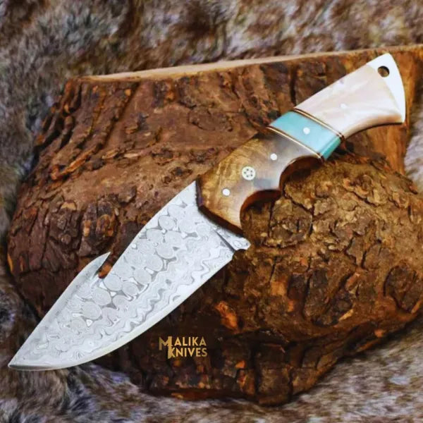 Raindrop Damascus GutHook Hunting Knife | Wood & Resin handle-0344
