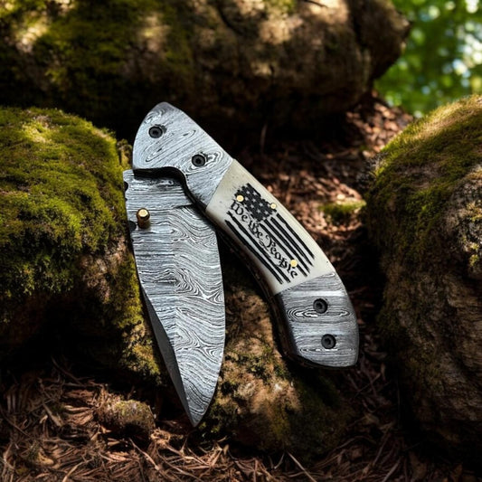 Damascus Folding Knife with Camel Bone Handle | Hand-Engraved People’s Flag | EDC Knife with Gift Box