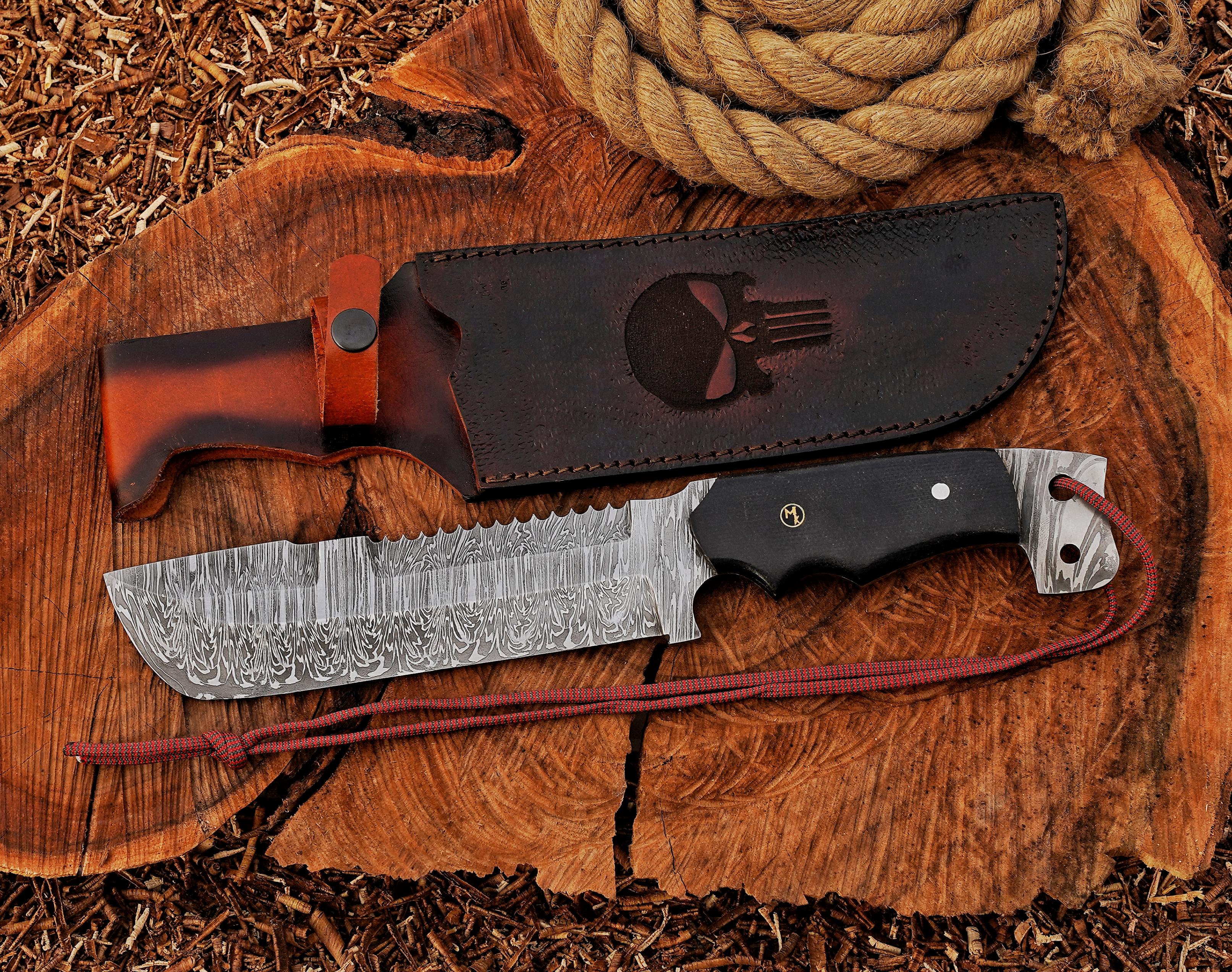 Knife with leather sheath on a wooden surface