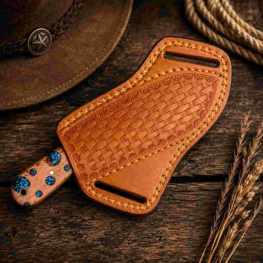 8-inch Buckaroo knife with Cholla cactus handle and pancake leather sheath