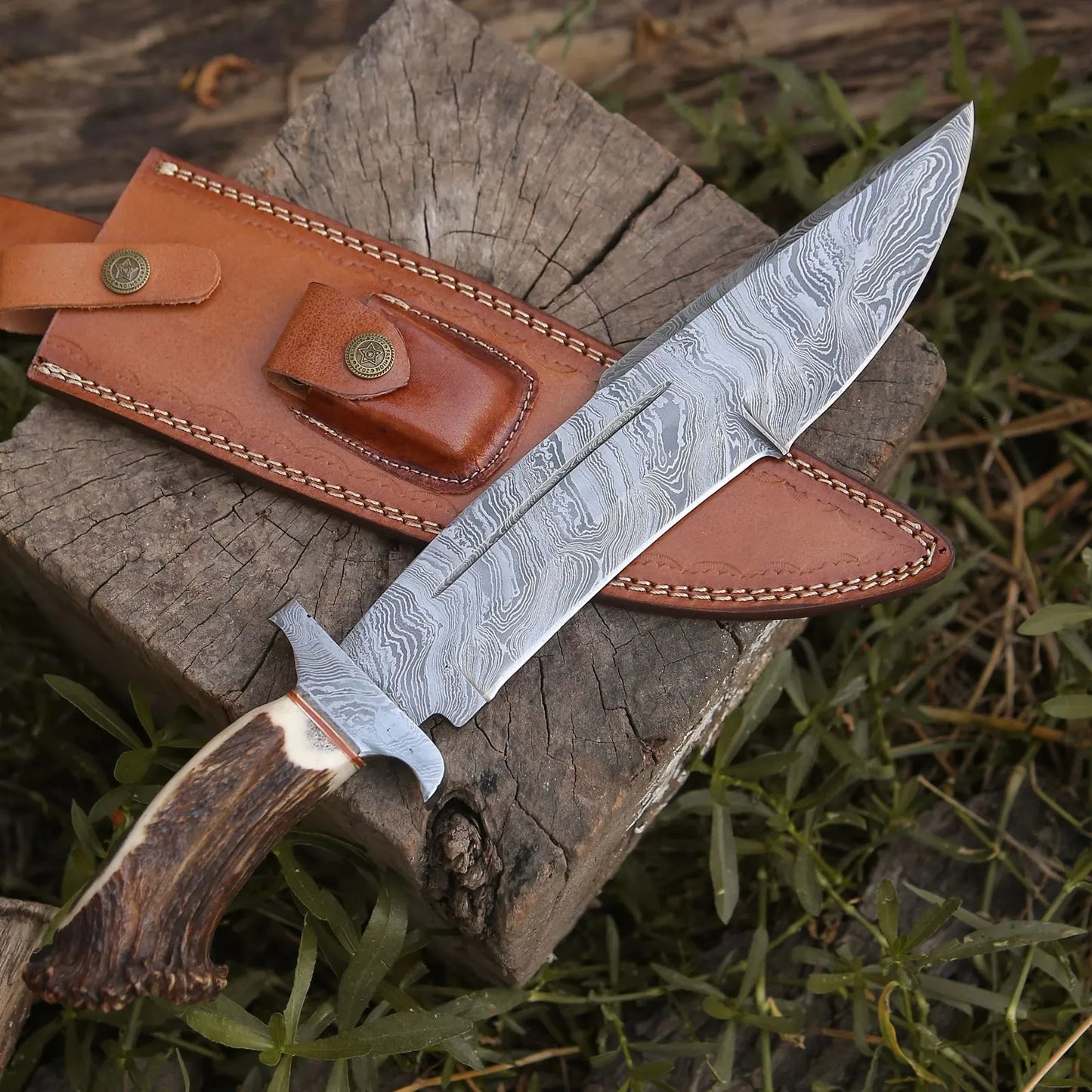 Handmade Damascus Stag Bowie Knife-0010