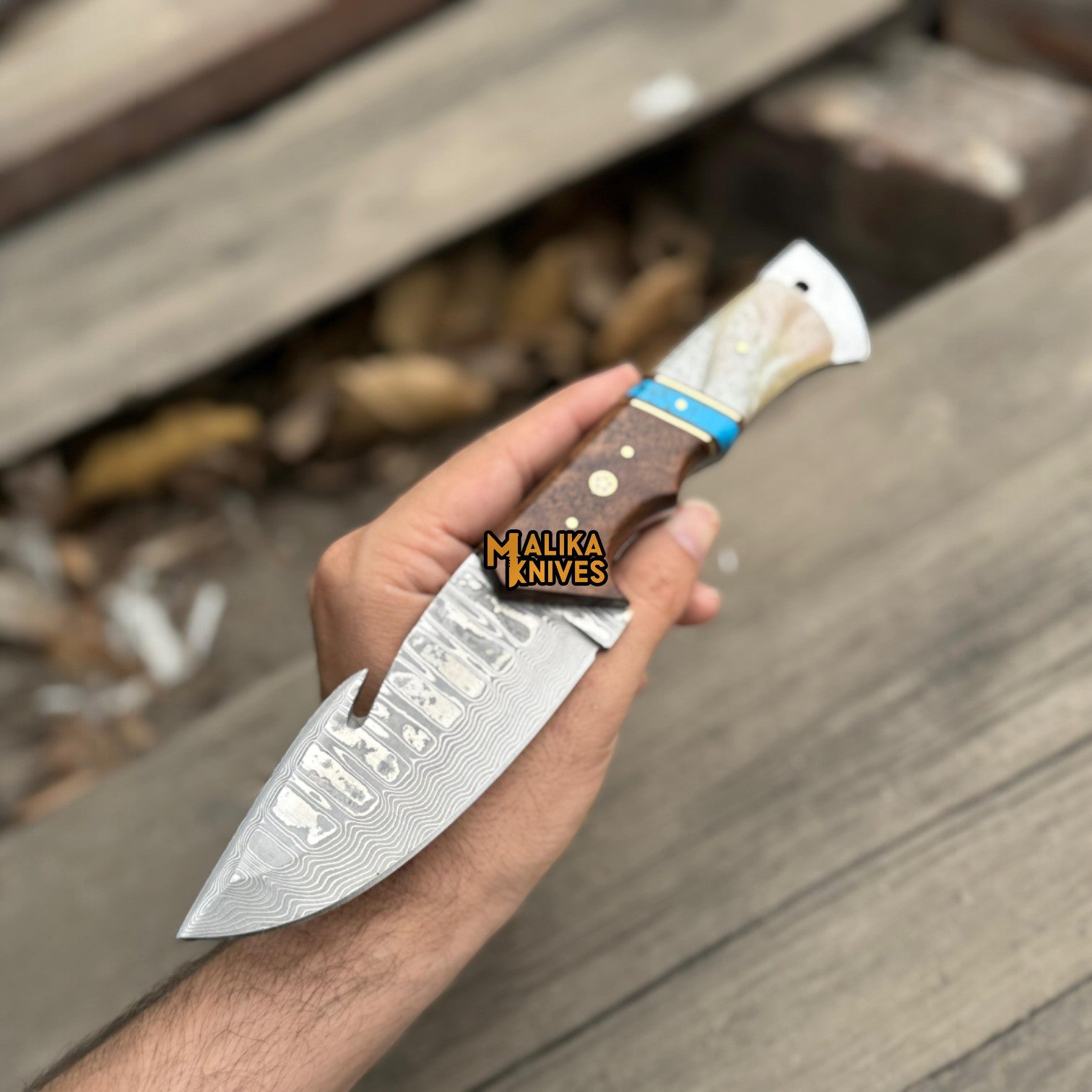 Stainless Damascus GutHook Hunting Knife | Wood & Resin handle